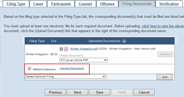 The affidavit is uploaded in the Filing Documents tab of the Wizard.